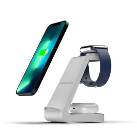 New vertical wireless charging three in one mobile phone holder for Apple 14 watch headset 15W multi in one charging (colour: Elegant white [Apple version of three in one])