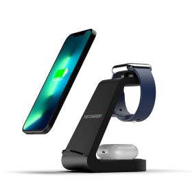 New vertical wireless charging three in one mobile phone holder for Apple 14 watch headset 15W multi in one charging (colour: Business black [Apple version three in one])