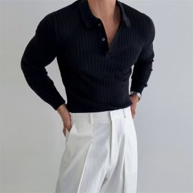 Lapel Button Long Sleeve Polo Shirt Slim Fashion Solid Striped Knitted Bottoming Shirt Top Men's Clothing (Option: Black-L)